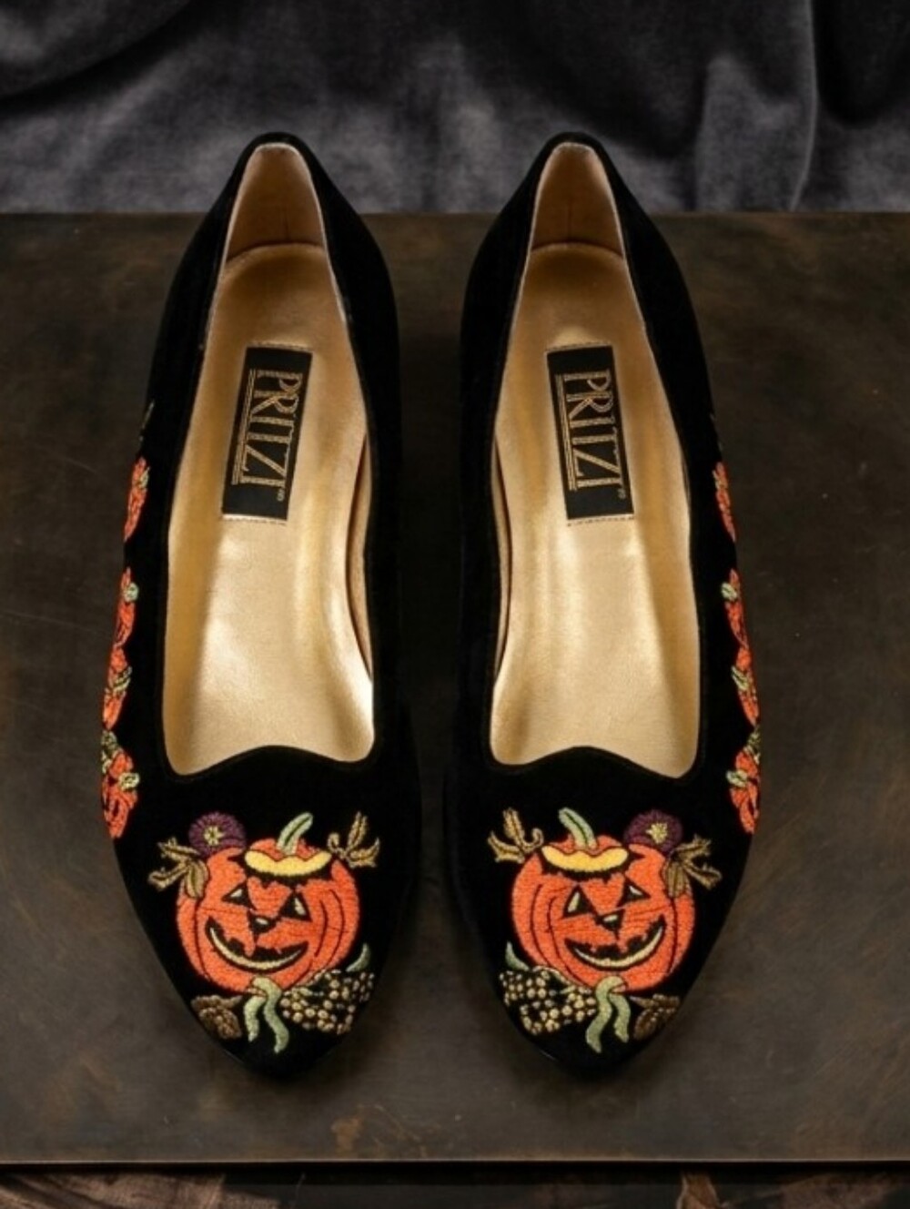 Pritzi Vintage 90s Halloween Pumpkin Velvet Embroidery Ballet Flats Shoes